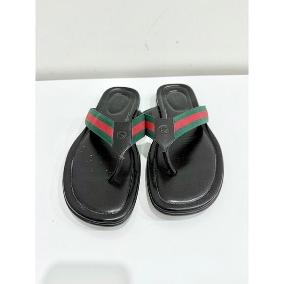 Gucci Web Leather Slip On Thong Flip Flop Flat Sandals Black Men's Size US 11.5 - Picture 2 of 5